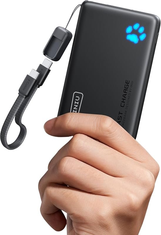 INIU ultra slim power bank with attached USB-C cable and foldable AC plug