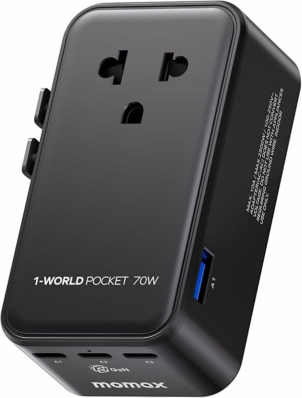 MOMAX Ultra-Thin 70W GaN Universal Travel Adapter, 3 USB-C, USB-A, AC Outlet