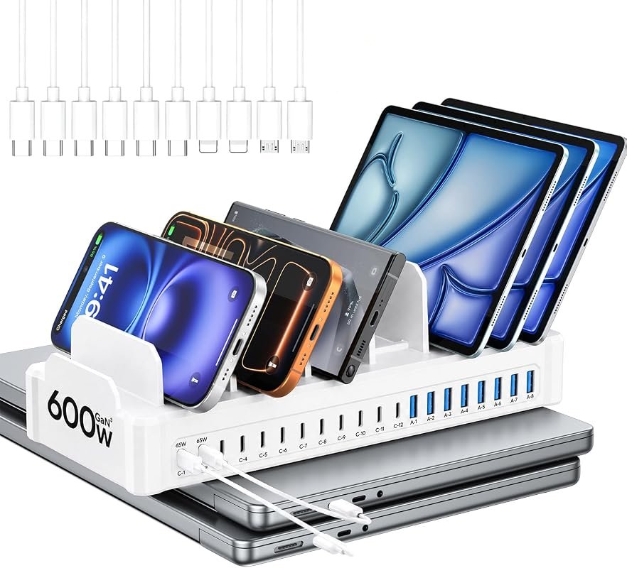Moezuti 20-Port 600W Charging Station with 10 Cables for Multiple Devices