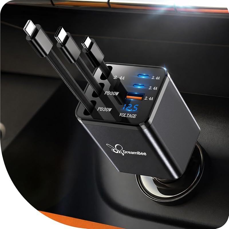 DreamBee 108W 6-in-1 Retractable Car Charger with 3 Cords