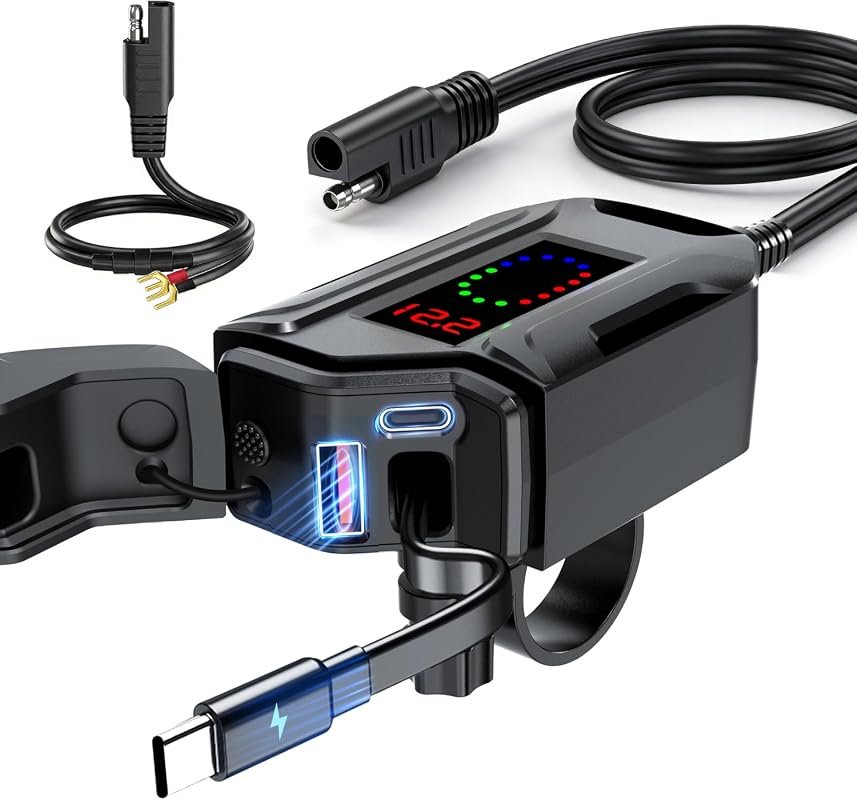 Motorcycle Phone Charger with USB-C, USB-A and Voltmeter
