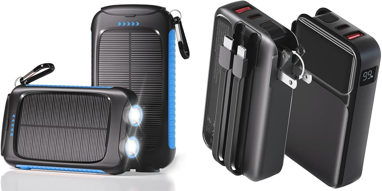 38800mAh portable solar charger with wall plug and built-in cables