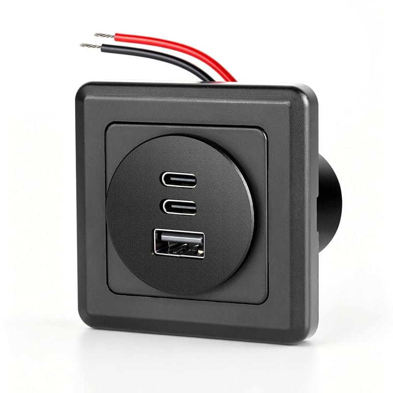 12V RV USB Wall Panel Mount Outlet, 78W 3-Port Fast Charging Station, Black