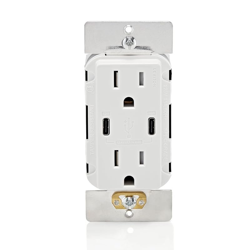 Leviton Decora 60W USB-C PD Wall Outlet, 15A TR Receptacle, White
