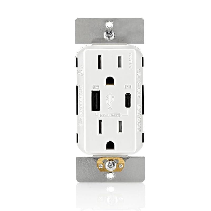Leviton Decora 60W USB-A/C PD Wall Outlet, 15A TR Receptacle, White