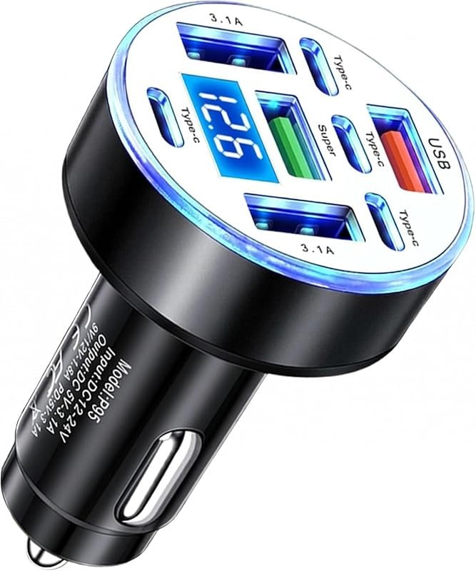 8-Port USB C Car Charger with voltage display and blue LED